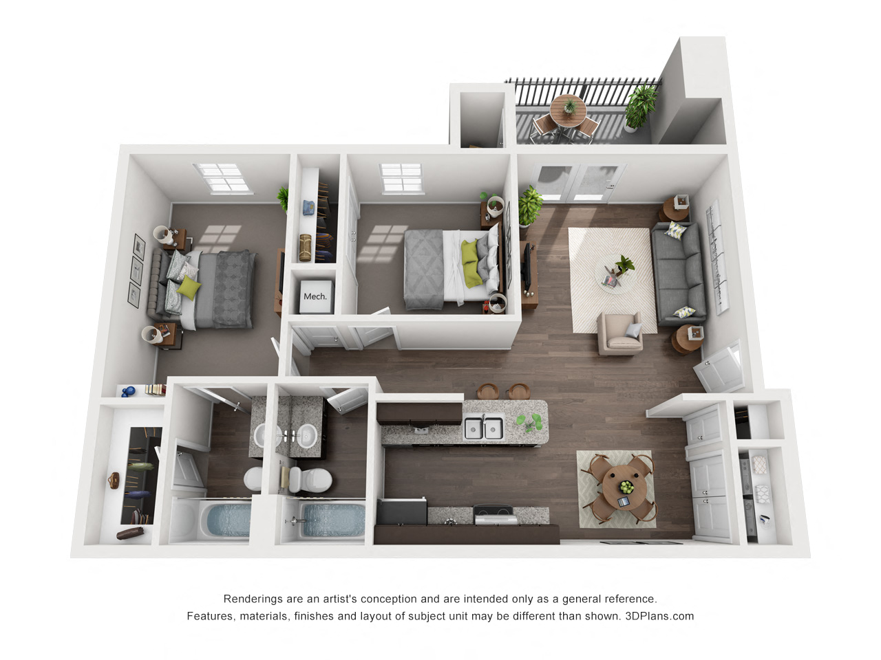 Floor plan for 2 beds, 2 baths, 943 sqft
